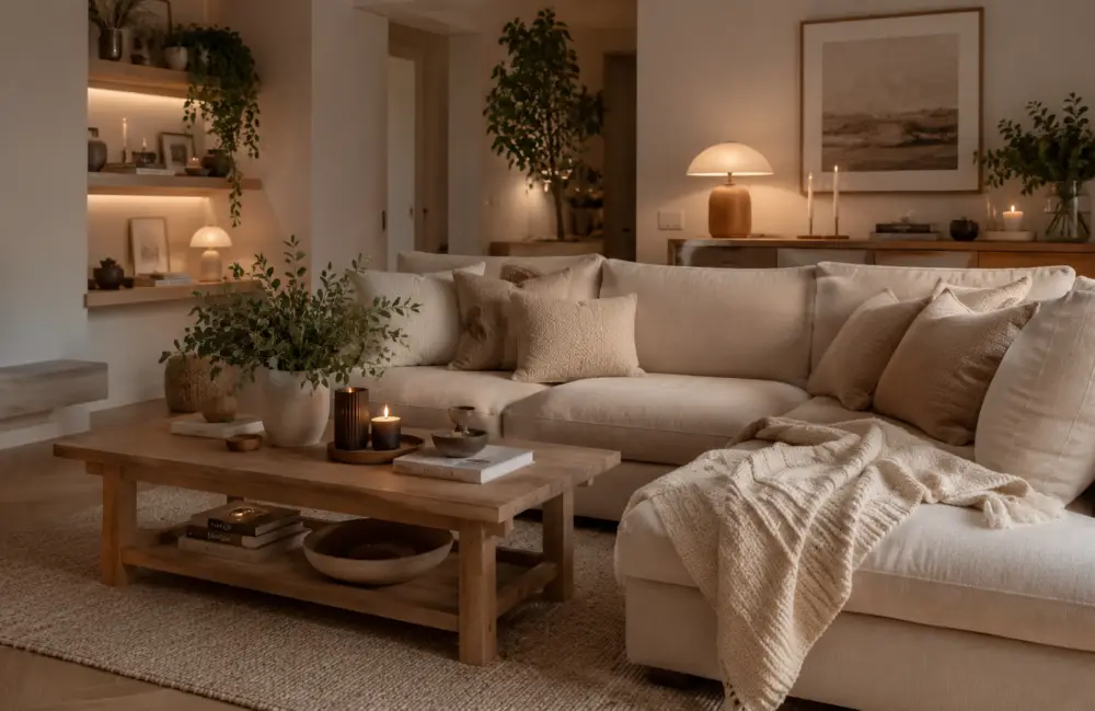 Cozy modern living room with beige sofa, wooden coffee table, soft lighting, candles, and indoor plants for stylish living room decoration ideas.