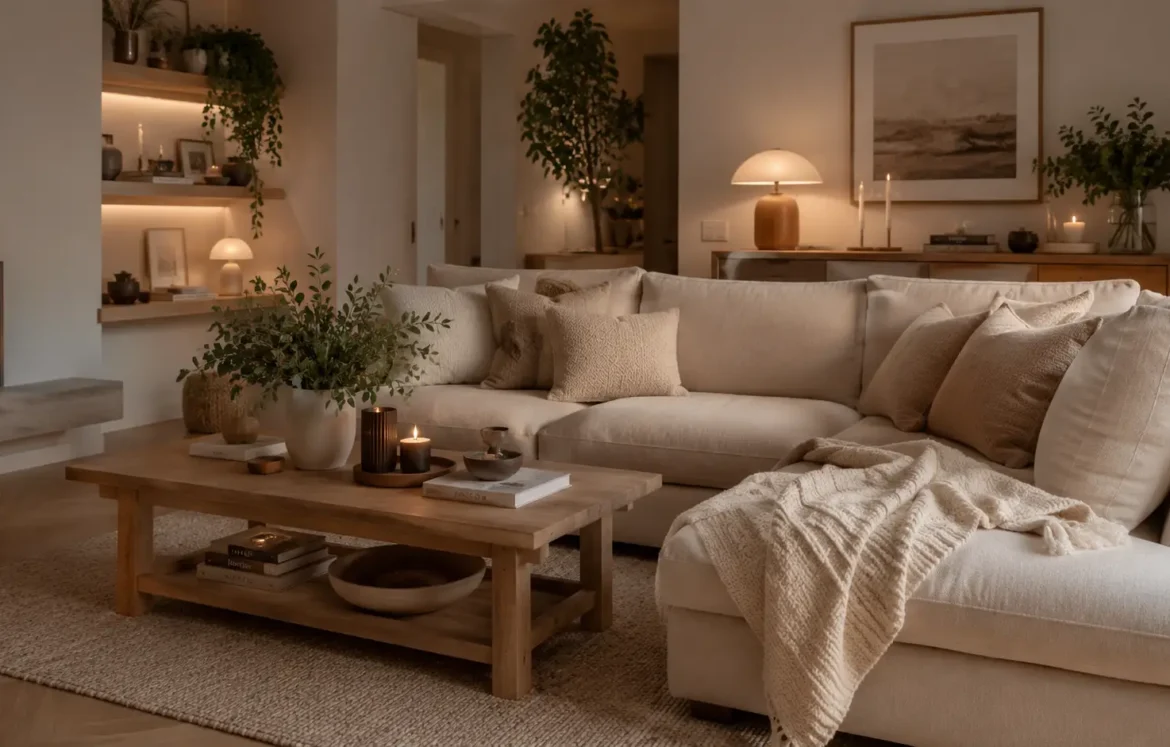 Cozy modern living room with beige sofa, wooden coffee table, soft lighting, candles, and indoor plants for stylish living room decoration ideas.