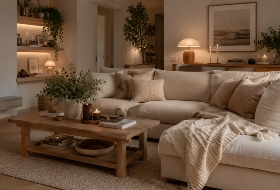 Cozy modern living room with beige sofa, wooden coffee table, soft lighting, candles, and indoor plants for stylish living room decoration ideas.